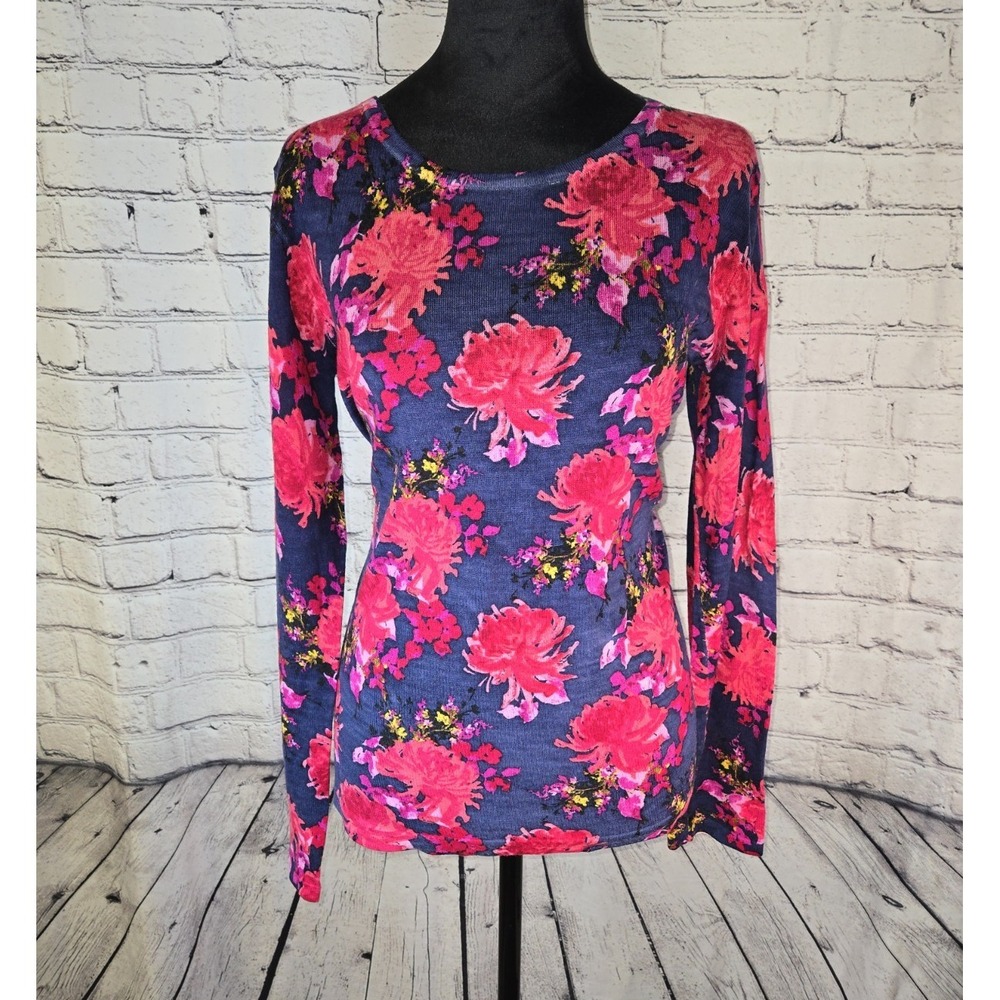 Garnet Hill Women's Blue Pink Floral Crew Neck Knit Merino Pullover Sweater M